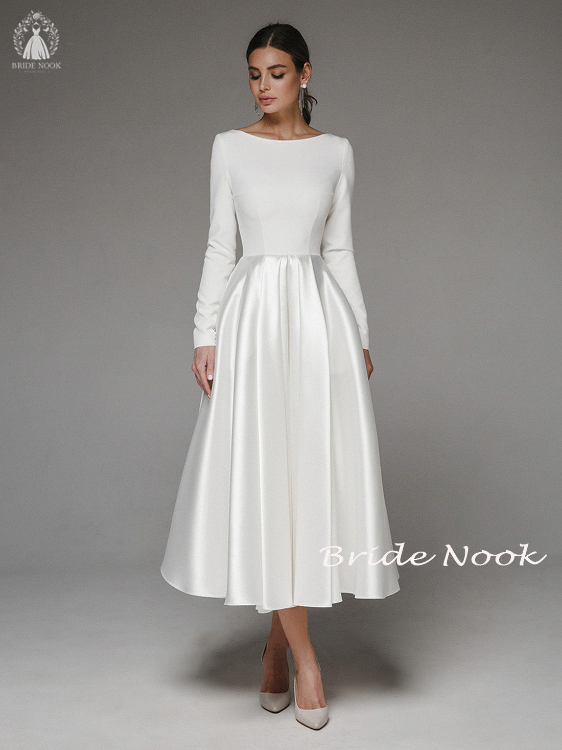 A Line Tea Length Midi Wedding Dress With long sleeves Bride Nook